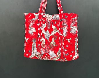 Animal Print Cotton Tote Bag Eco Friendly Sustainable Sturdy Grocery Shopping Tote Bag Handmade Boho Bag Quilted Tote Bag Market Bag
