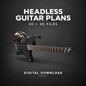 Puede incluir: Una guitarra eléctrica sin cabeza con cuerpo de madera oscura veteada y golpeador negro texturizado. El texto dice HEADLESS GUITAR PLANS 2D + 3D FILES y DIGITAL DOWNLOAD. La guitarra cuenta con dos pastillas humbucker, puente y diapasón.