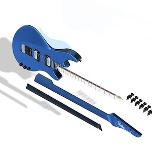 Könnte beinhalten: Eine zerlegte E-Gitarre mit blauem Korpus, schwarzem Hals und silberner Hardware. Die Gitarre liegt auf einer weißen Oberfläche mit getrenntem Korpus, Hals und Steg.
