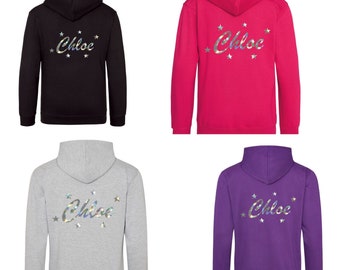 Girls Personalised With Stars Glitter Printed Hoodie Gymnastics, Dance, Casual