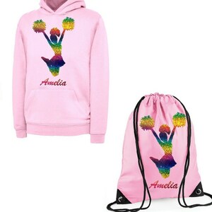 Personalised Rainbow/Glitter Printed CHEERLEADER Hoodie & Gym Bag Set Option AGE 3-13