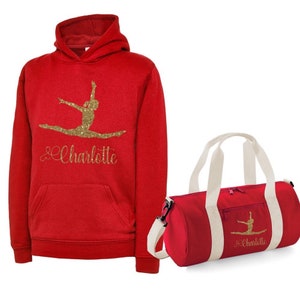 Personalised Printed Gymnast Splits Dance/Gymnastic Hoodie with Barrel Bag option 5 Colours Red Hood & Bag