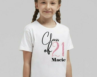 T-shirts blancs pour les bacheliers de la promotion 2024, nom personnalisé à imprimé scintillant