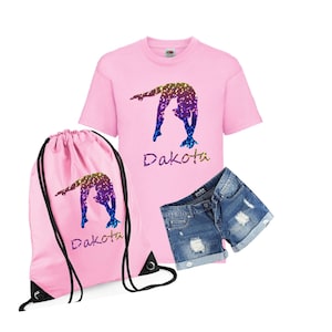 GYMNASTIC RAINBOW Printed Personalised T Shirt with Bag Option  Age 3-13 NEW
