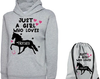 Just A Girl Who Love Horses Hoodie with Choice of Matching Bag Age  2-13