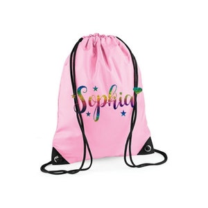 Personalised With Name or Choice of Gymnast GLITTER Print Drawstring Gym Bag Dance/ P.E Kit /Sports