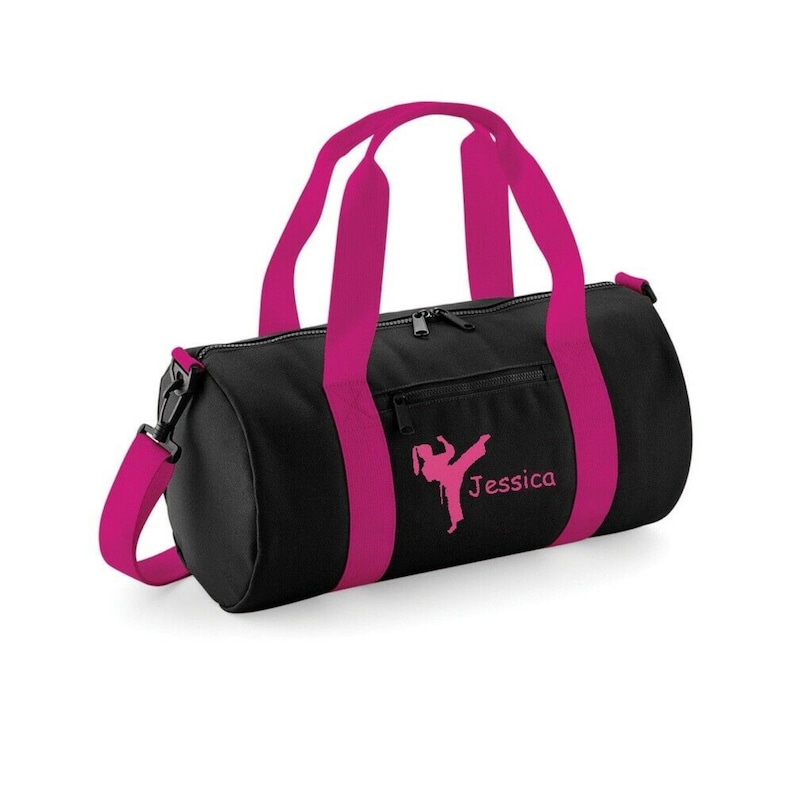 Girls Personalised Martial Art Barrel Bag Kids Sport GYM HOLDALL GIFT Black/Fuchsia