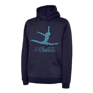 Personalised Printed Gymnast Splits Dance/Gymnastic Hoodie with Barrel Bag option 5 Colours Navy Hood