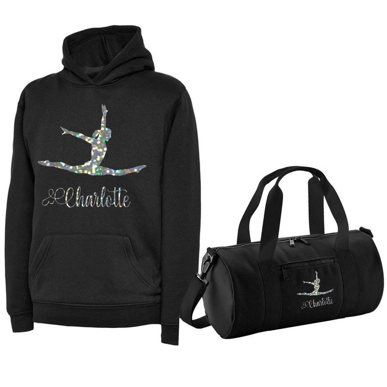 Personalised Printed Gymnast Splits Dance/Gymnastic Hoodie with Barrel Bag option 5 Colours Blk/Silv Hood & Bag