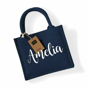 Lehrer am Ende des Begriffs Westford Mill Jute Mini personalisierte Geschenktasche / Mittagessen / Arbeit Blau