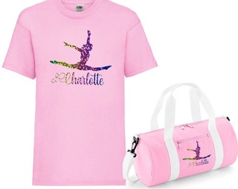 Gymnaste imprimé personnalisé Splits danse/gymnastique T-shirt et option sac tonneau 5 couleurs