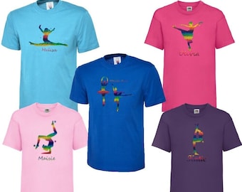 KIDS Gymnastic Design T-Shirt Personnalisé avec votre propre nom Tops Age 3-13 NOUVEAU