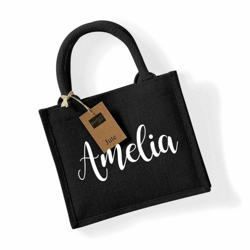 Lehrer am Ende des Begriffs Westford Mill Jute Mini personalisierte Geschenktasche / Mittagessen / Arbeit Schwarz