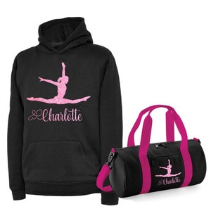 Personalised Printed Gymnast Splits Dance/Gymnastic Hoodie with Barrel Bag option 5 Colours Blk/Pink Hood&Bag