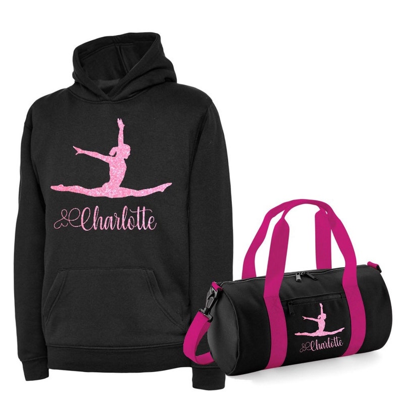 Personalised Printed Gymnast Splits Dance/Gymnastic Hoodie with Barrel Bag option 5 Colours Blk/Pink Hood&Bag