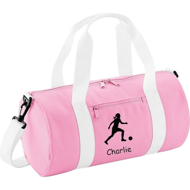 GIRLS PERSONALISED FOOTBALL Kit Barrel Bag School Sport Various Colours Pink