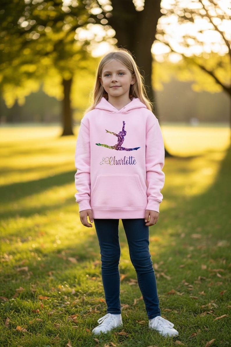 Sudadera de gimnasia infantil personalizada / Sudadera de gimnasia para niñas / Camiseta de gimnasta con nombre personalizado / Sudadera con capucha o sudadera con capucha y bolsa de regalo imagen 6