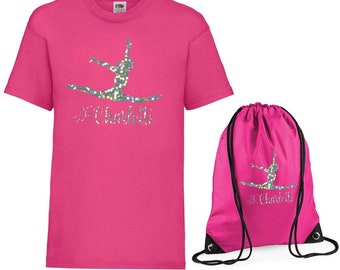Personalised Printed Gymnast Splits Dance/Gymnastic T Shirt & Gym Bag option 5 Colours