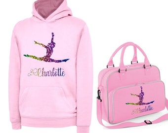 Personalised Printed Gymnast Splits  Dance/Gymnastic Hoodie & Bag Set option 4 Colour Options