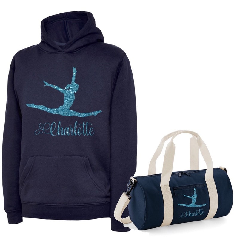 Personalised Printed Gymnast Splits Dance/Gymnastic Hoodie with Barrel Bag option 5 Colours Navy Hood & Bag