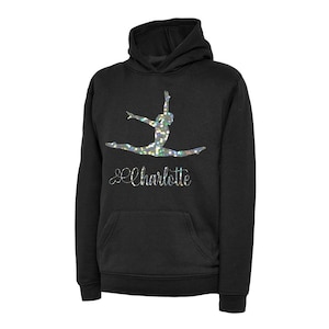 Personalised Printed Gymnast Splits Dance/Gymnastic Hoodie with Barrel Bag option 5 Colours Blk/Silver Hood