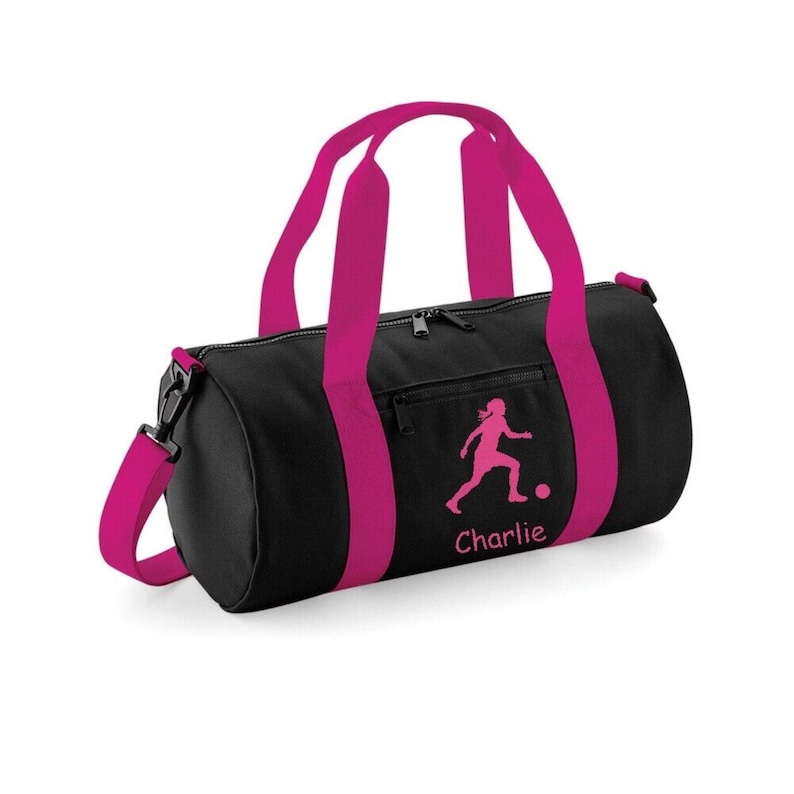 GIRLS PERSONALISED FOOTBALL Kit Barrel Bag School Sport Various Colours Black/Fuchsia