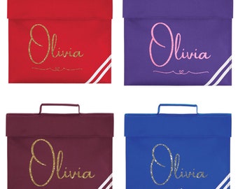 Back to School Personalised Book Bags in a Range of Colours. Glitter print stunning perfect for returning to school