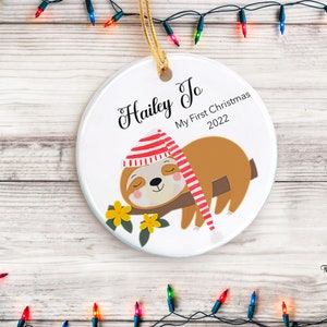 Personalized Baby’s First Christmas Sloth Ornament, Personalized Cute Sloth Ornament