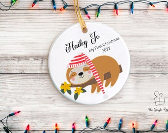 Personalized Baby’s First Christmas Sloth Ornament, Personalized Cute Sloth Ornament