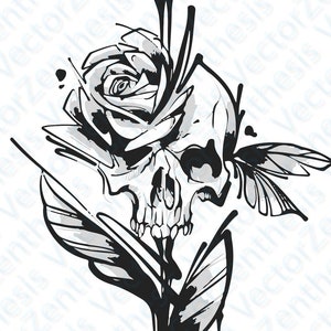Stylistic Emotional graphic of nail in skull with rose and feathers. Cut file clipart. Vector eps svg png pdf dxf - Digital File download