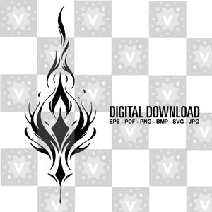 Puede incluir: Diseño gráfico en blanco y negro de una llama estilizada con detalles intrincados. El diseño se coloca sobre un fondo a cuadros con círculos blancos que contienen la letra "V" sobre un fondo negro.