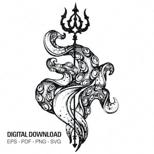 Könnte beinhalten: Schwarz-weiß-Illustration eines Kraken mit Tentakeln, die um einen Dreizack gewickelt sind. Der Krake und der Dreizack sind detailliert und stilisiert gezeichnet.