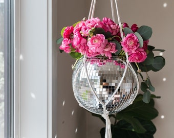 10" Disco Ball Planter with Acrylic Base & Macrame Plant Hanger - For Indoor Plants, Succulents, Flowers - Havenstone Home