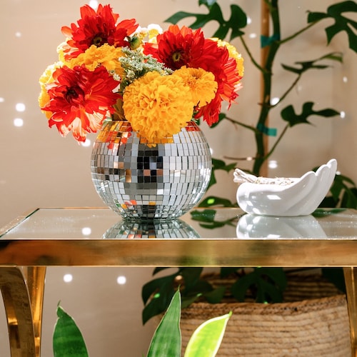 Disco Ball Planter 6" with flat base + Macrame Plant Hanger (White or Black) for Indoor or Outdoor Plants - Havenstone Home
