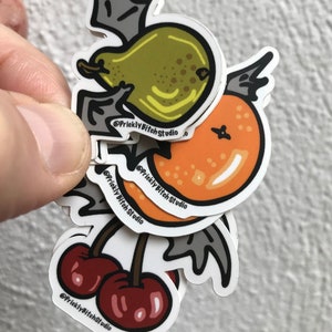 Fruit Bat 6 Pack / 2 Cherries, 2 Oranges, 2 Pears / Punny color vinyl laptop sticker, Halloween bumper stickers, bat stickers, funny decals