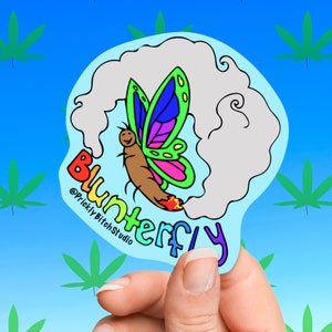 Blunterfly - Borboleta verde azul blunt | adesivo colorido de erva daninha arco-íris | adesivo 420 trocadilho | decalque de borboleta fumante