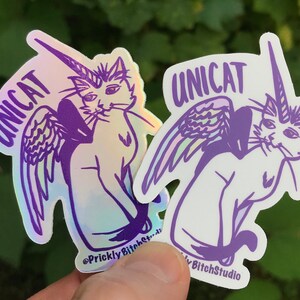 2 Stickers - Unicat / unicorn cat, Holographic and Color vinyl laptop and bumper sticker.