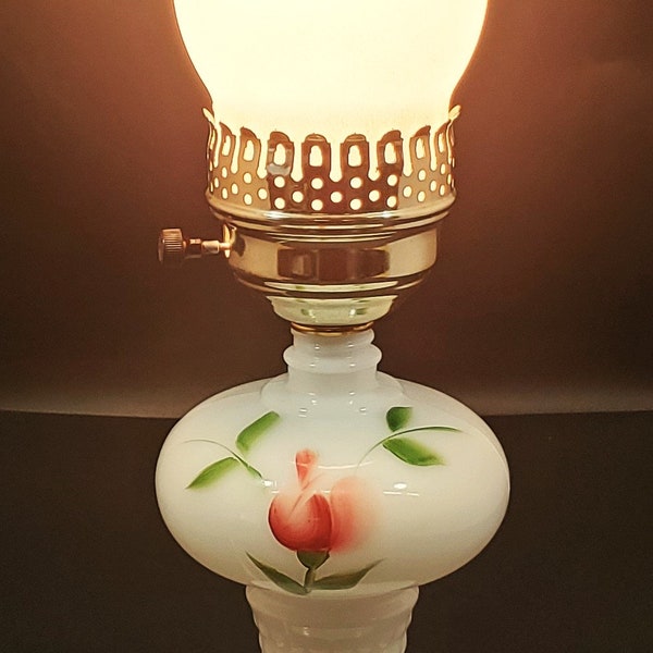 Hand Painted Milk Glass Rose Blossum Electric Oil Lamp Stands 17 1/2" Tall
