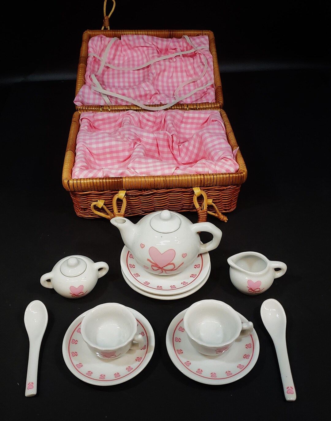 Delton Fine Collectibles Pink Heart Lace Porcelain Tea Set in Wicker