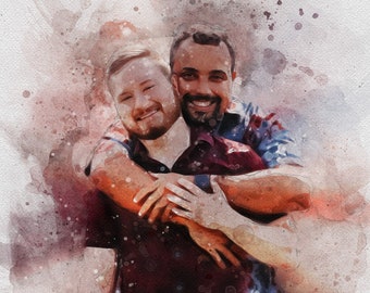 Custom Gay Couple Portrait Homosexual Anniversary Portrait from Photo Painting Custom Illustration Watercolor Portrait Love is Love