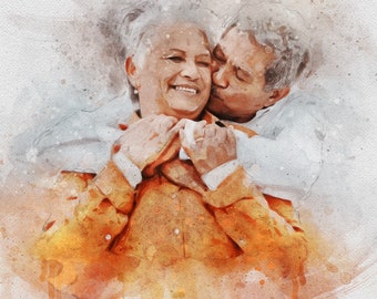 May include: A watercolor painting of an older couple embracing. The woman is wearing a yellow shirt and the man is wearing a white shirt. The text "Forever & Ever" is written below the couple.