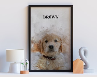 May include: A framed print of a golden retriever puppy with the word "BROWN" printed above the image. The background is a watercolor-style wash of gray and white.