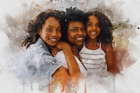 Three Generations In One Watercolor Portrait Present For Family Member Custom Grandma Mom And Daughter Wall Art Watercolor Canvas Painting