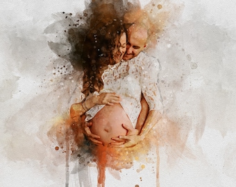Personalized Pregnancy Illustration Keepsake Gift for Mom to be Digital Watercolor Art Painting From Photo Print Portrait