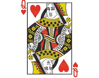 May include: Queen of Hearts playing card with a red heart and a black and white illustration of a queen holding a flower.
