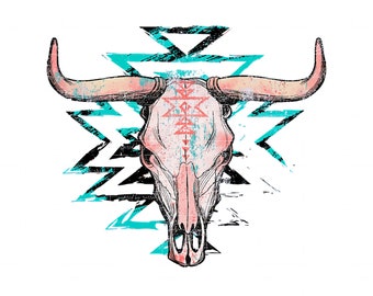Kuh Schädel | Western | Azteken | Vintage | Longhorn | Rodeo | Sublimation | Cowboy | Retro Country | Grunge Design | SVG Png Eps | Geschnittene Dateien
