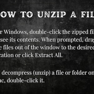 Puede incluir: Texto en blanco y negro sobre un fondo gris oscuro que explica c&oacute;mo descomprimir un archivo en computadoras Windows y Mac. El texto dice "HOW TO UNZIP A FILE" e incluye instrucciones para ambos sistemas operativos.
