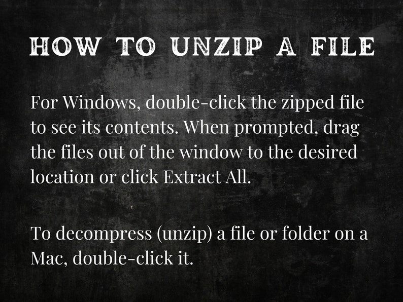 Puede incluir: Texto en blanco y negro sobre un fondo gris oscuro que explica c&oacute;mo descomprimir un archivo en computadoras Windows y Mac. El texto dice "HOW TO UNZIP A FILE" e incluye instrucciones para ambos sistemas operativos.