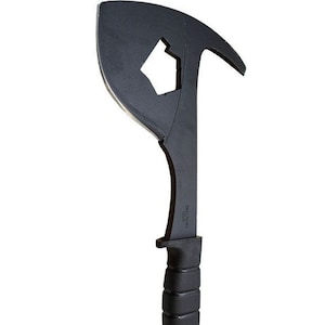 May include: A black tactical tomahawk with a textured black handle and a lanyard. The head of the tomahawk has a wrench-like design with a square hole in the center.