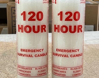May include: Two clear glass emergency survival candles. Each candle has a white wax interior and a wick. Red text reads "120 HOUR EMERGENCY SURVIVAL CANDLE". The labels list potential emergencies.